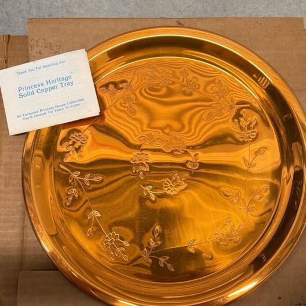 Vintage Princess House Heritage Solid Copper Tray #301 12" Floral Original Card